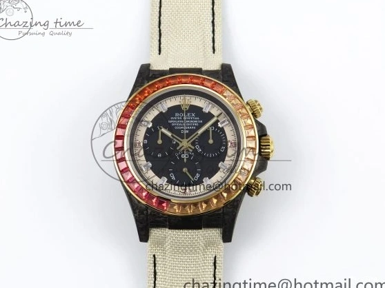 MiroTime 0504 Refined Daytona DIW Carbon Case DIWF Edition Black White Dial Orange Diamonds Bezel on White Nylon Strap A 1668